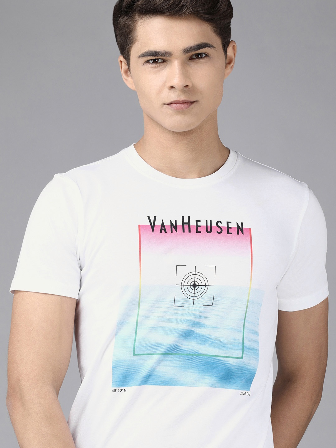 

Van Heusen Sport Men White Slim Fit Brand Logo Printed Pure Cotton T-shirt