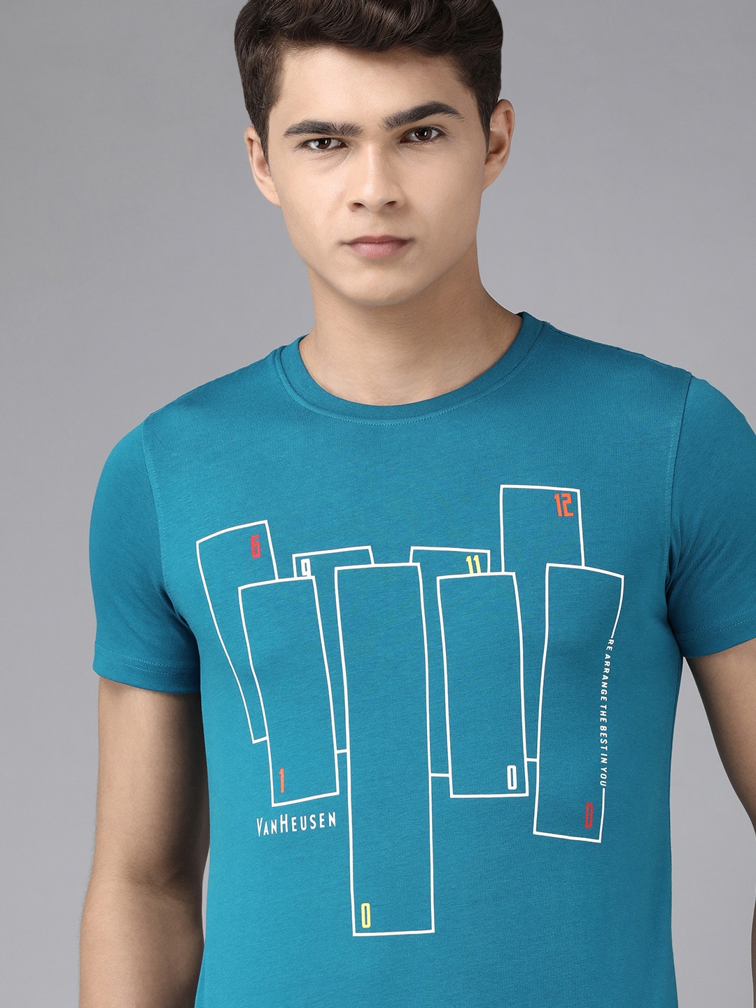 

Van Heusen Sport Men Teal Blue Graphic Printed Pure Cotton Casual T-shirt