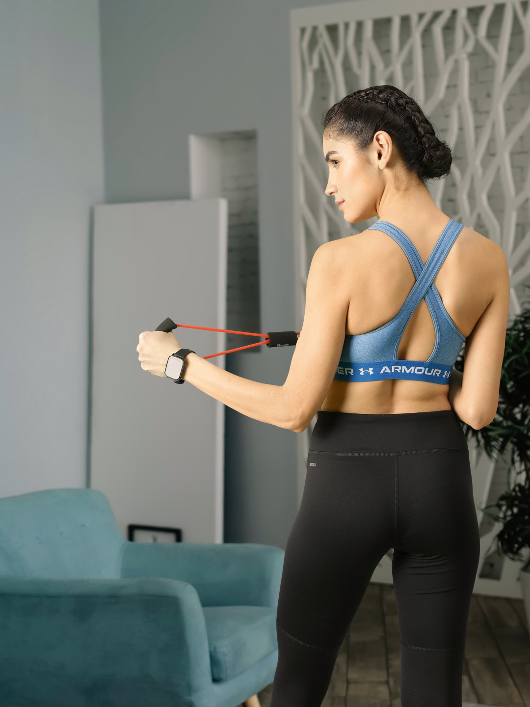 

UNDER ARMOUR Blue Crossback Mid Lightly Padded Melange Effect Workout Bra