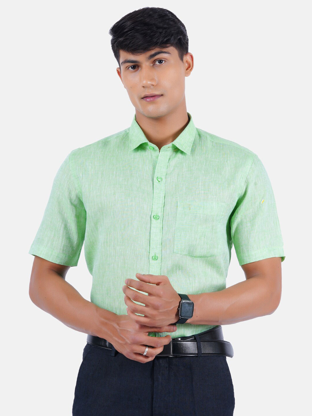 

Ramraj Men Green Linen Formal Shirt