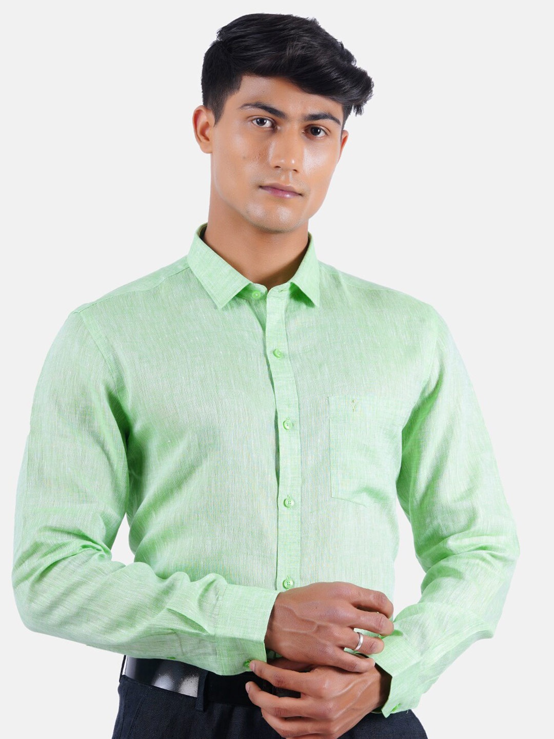 

Ramraj Men Green Linen Formal Shirt