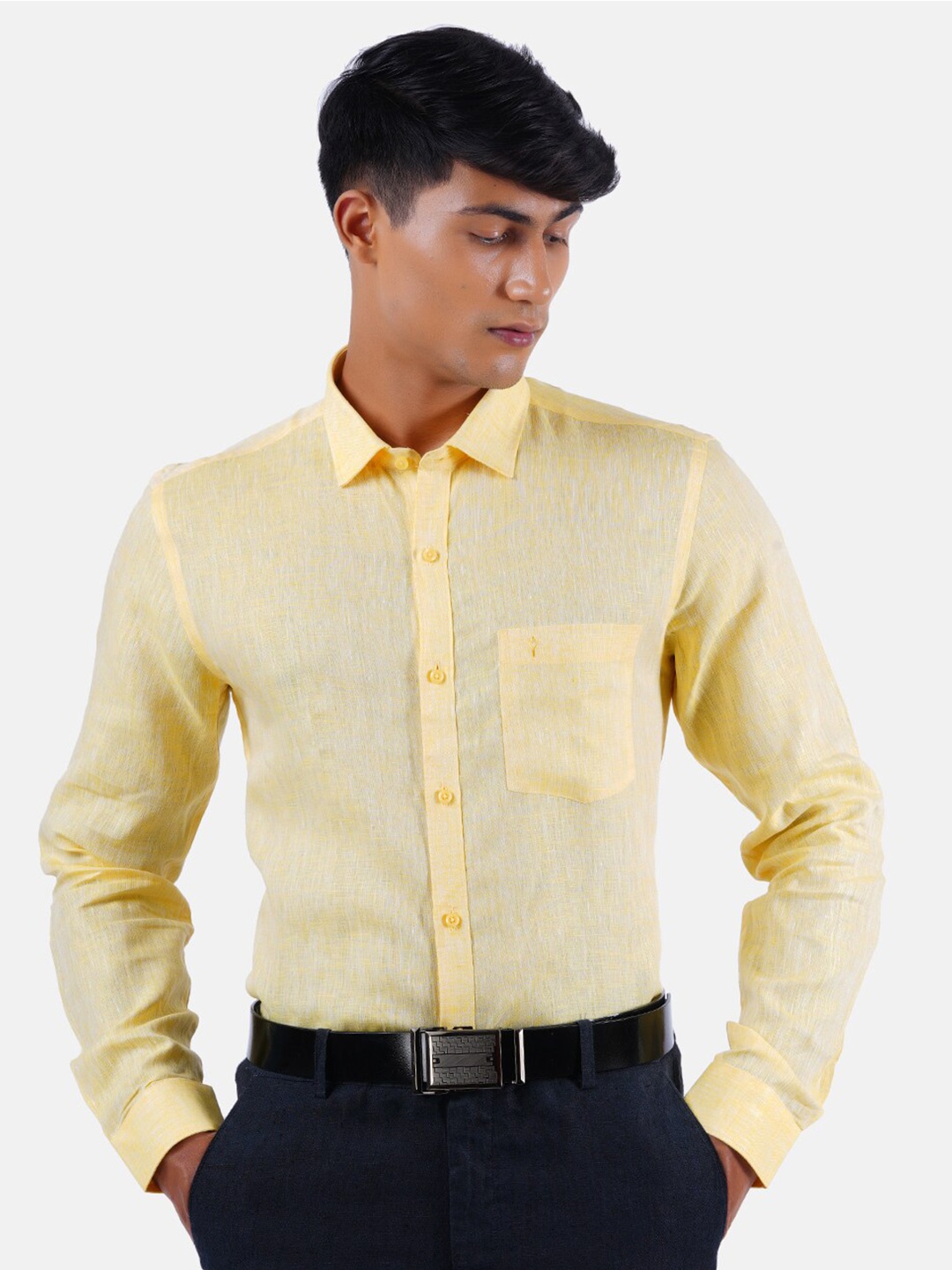 

Ramraj Men Yellow Linen Formal Shirt