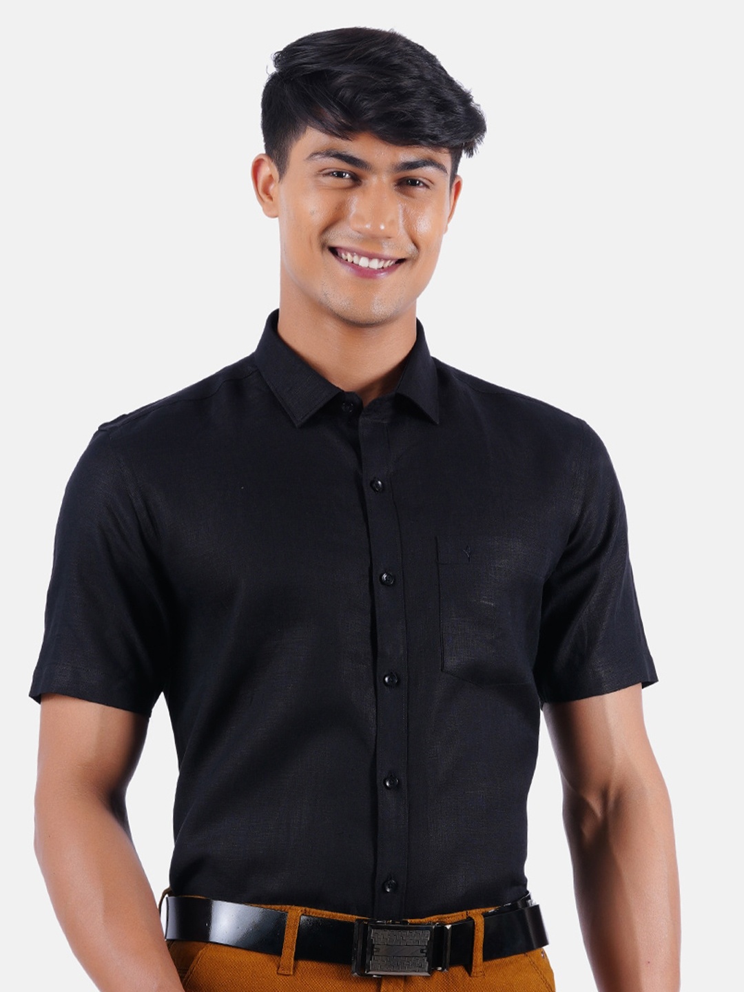 

Ramraj Men Black Linen Formal Shirt