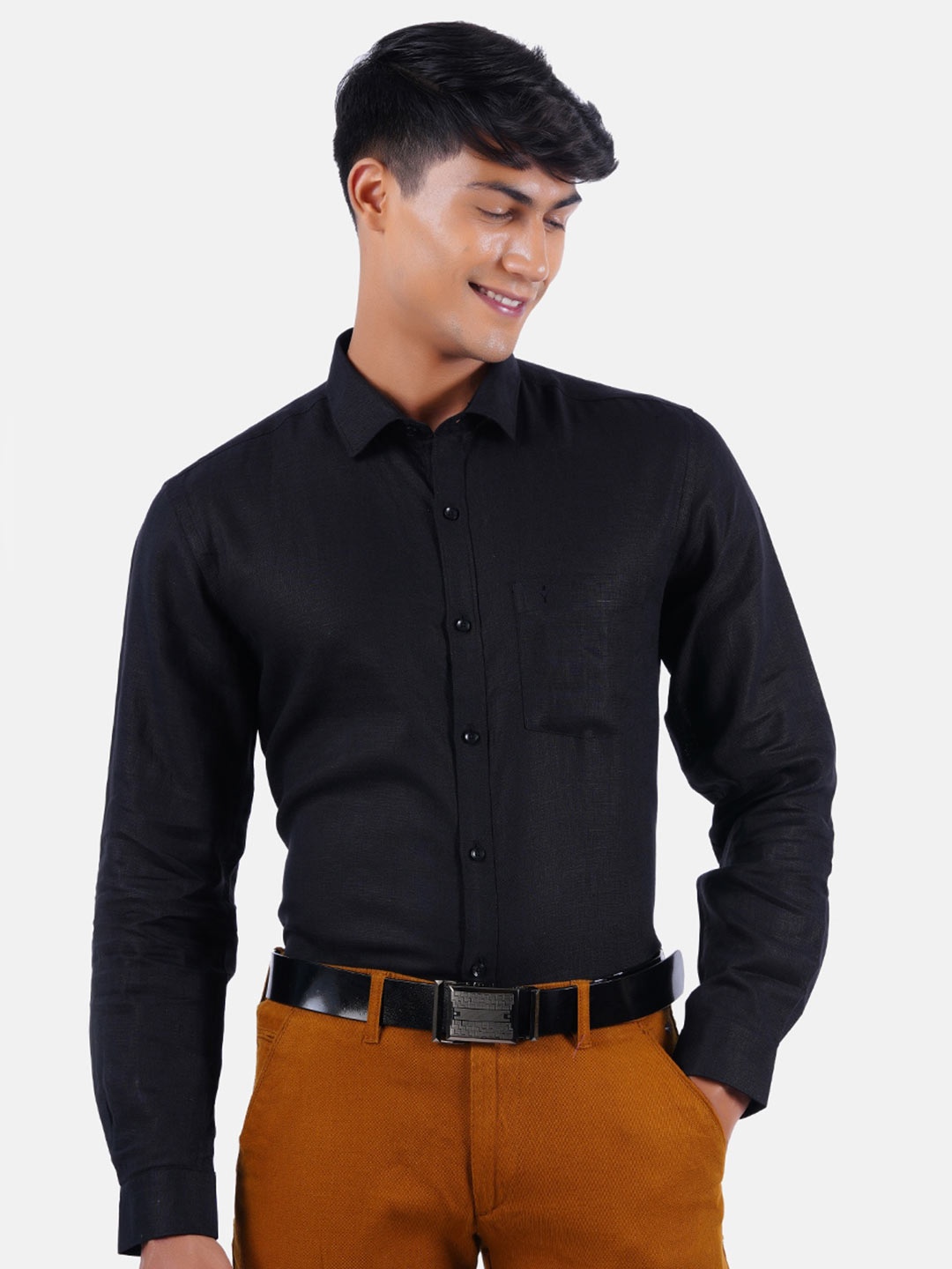 

Ramraj Men Black Linen Formal Shirt