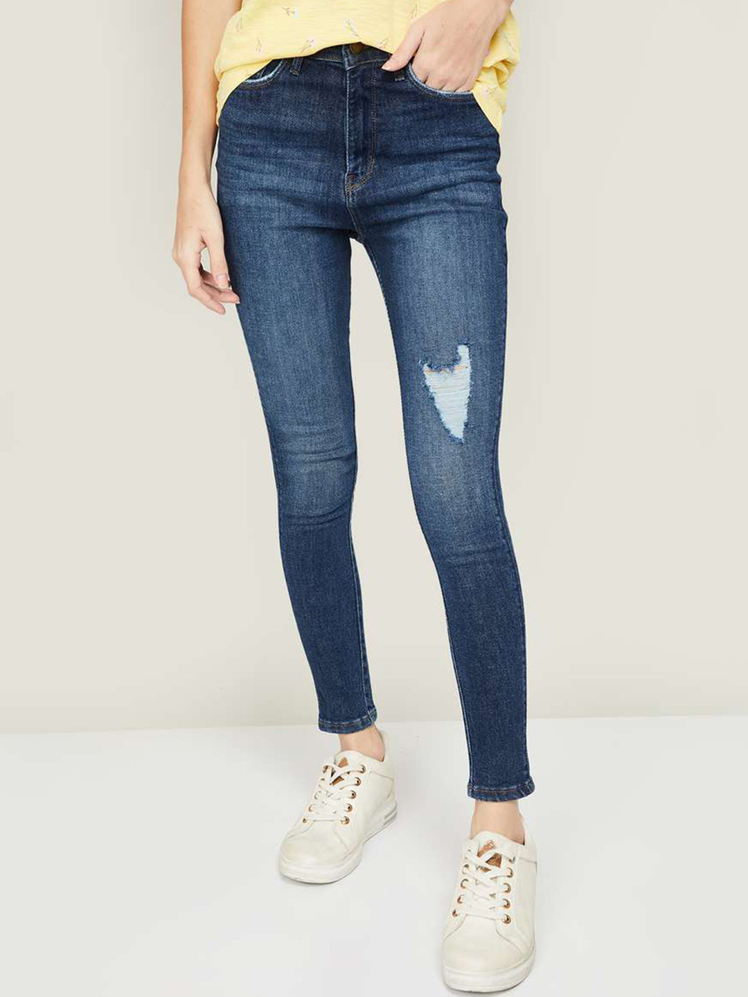 

Xpose Women Navy Blue Comfort Skinny Fit High-Rise Highly Distressed Heavy Fade Stretchable Jeans