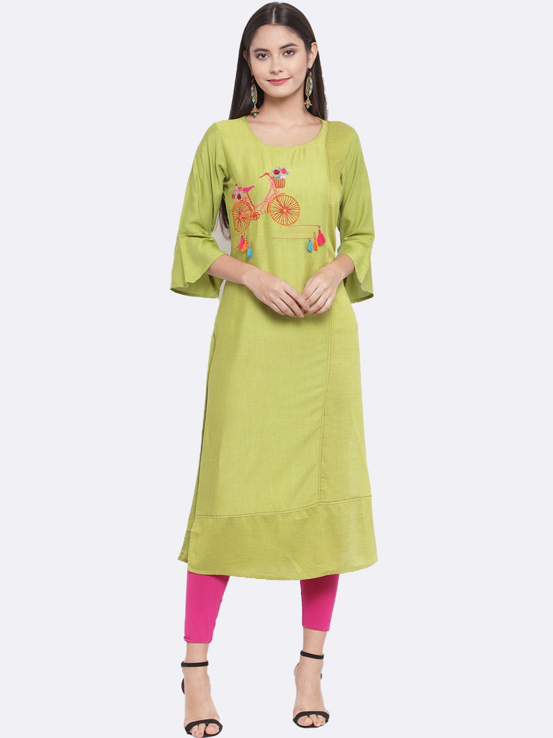 

Aujjessa Women Green Quirky Embroidered Flared Sleeves Thread Work Kurta