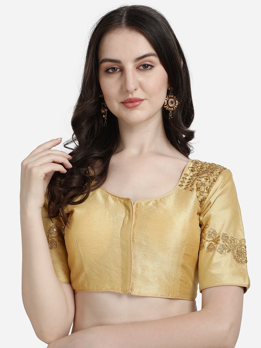 

Mesmore Women Beige & Golden Embroidered Silk Saree Blouse