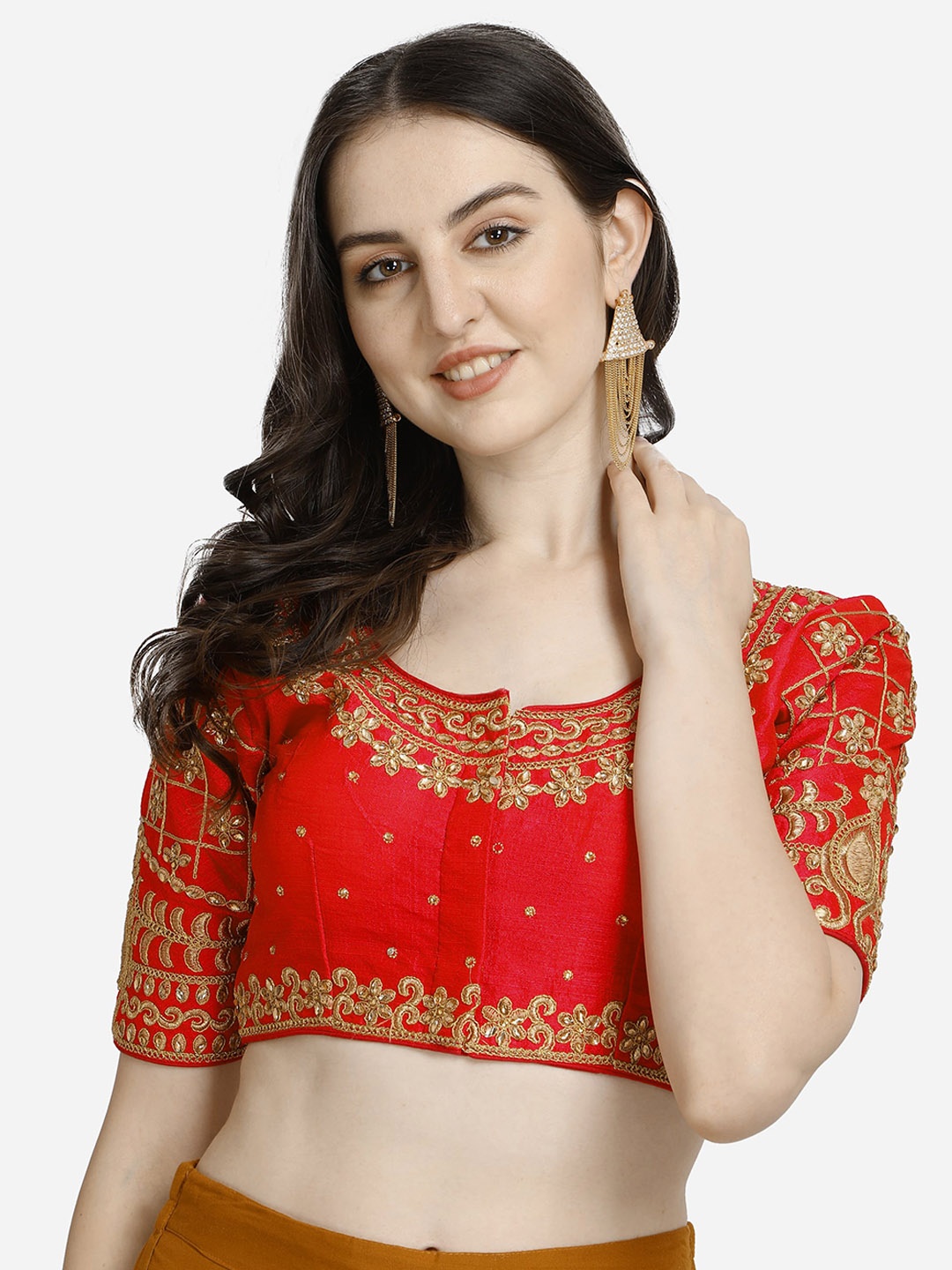 

Mesmore Red & Golden Embroidered Silk Saree Blouse