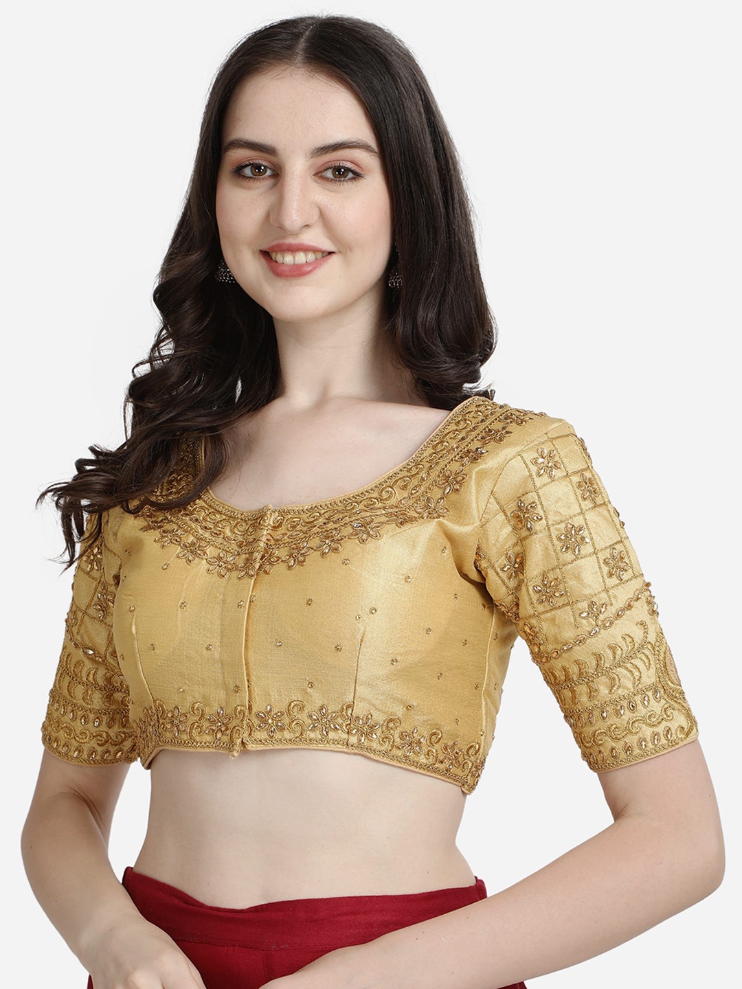 

Mesmore Women Beige Embroidered Silk Saree Blouse