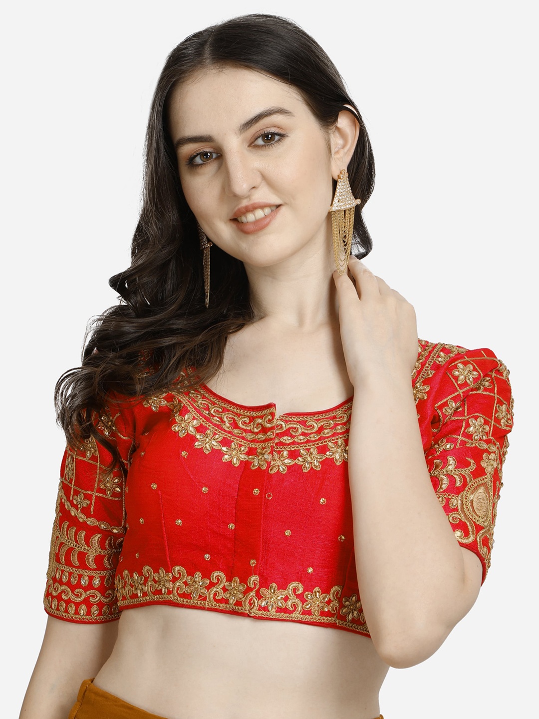 

Mesmore Women Red & Golden Embroidered Silk Saree Blouse