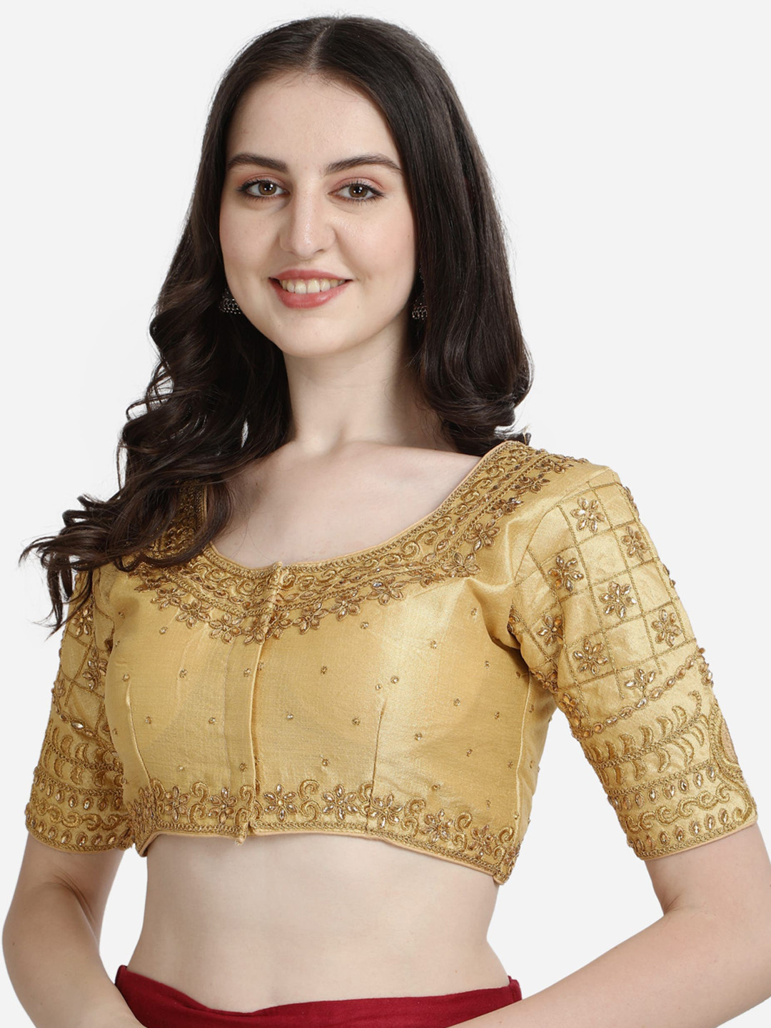 

Mesmore Women Golden Embroidered Silk Saree Blouse, Gold