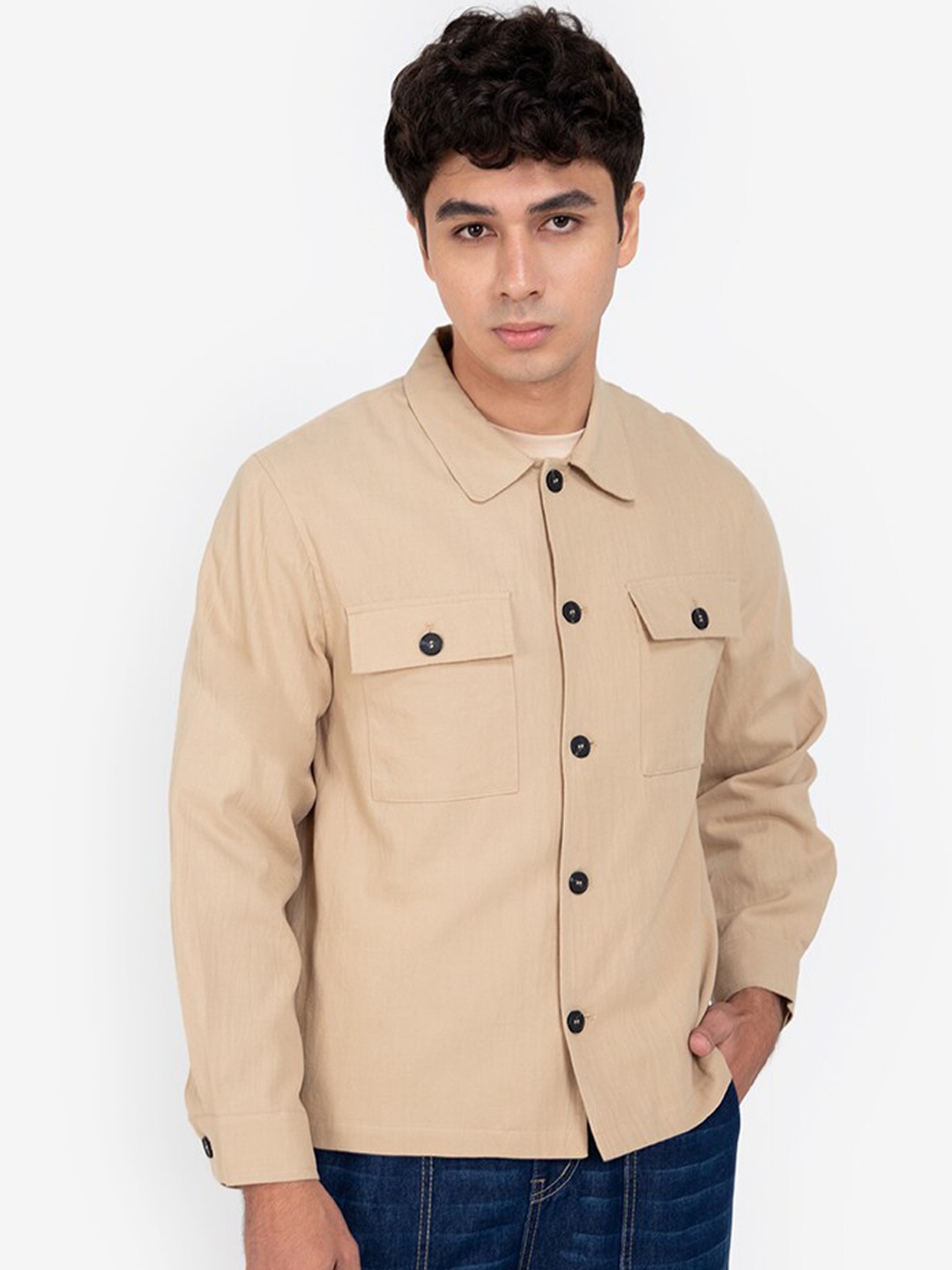 

ZALORA BASICS Men Beige Pure Cotton Tailored Jacket