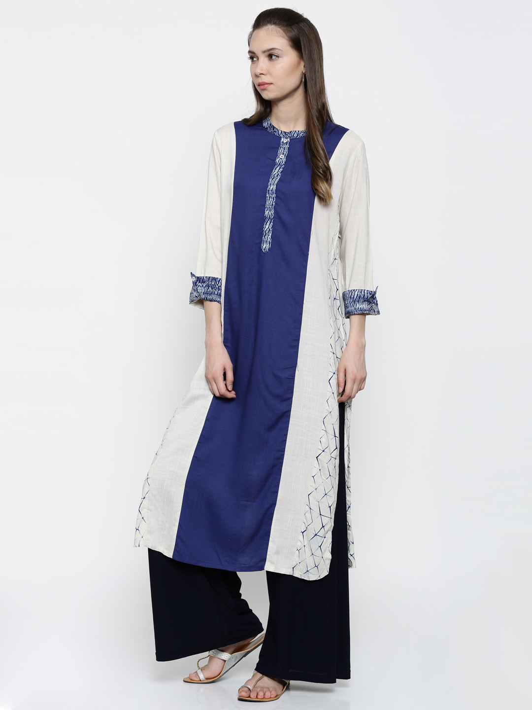 

RANGMANCH BY PANTALOONS Women Navy & White Colourblocked Straight Kurta, Navy blue
