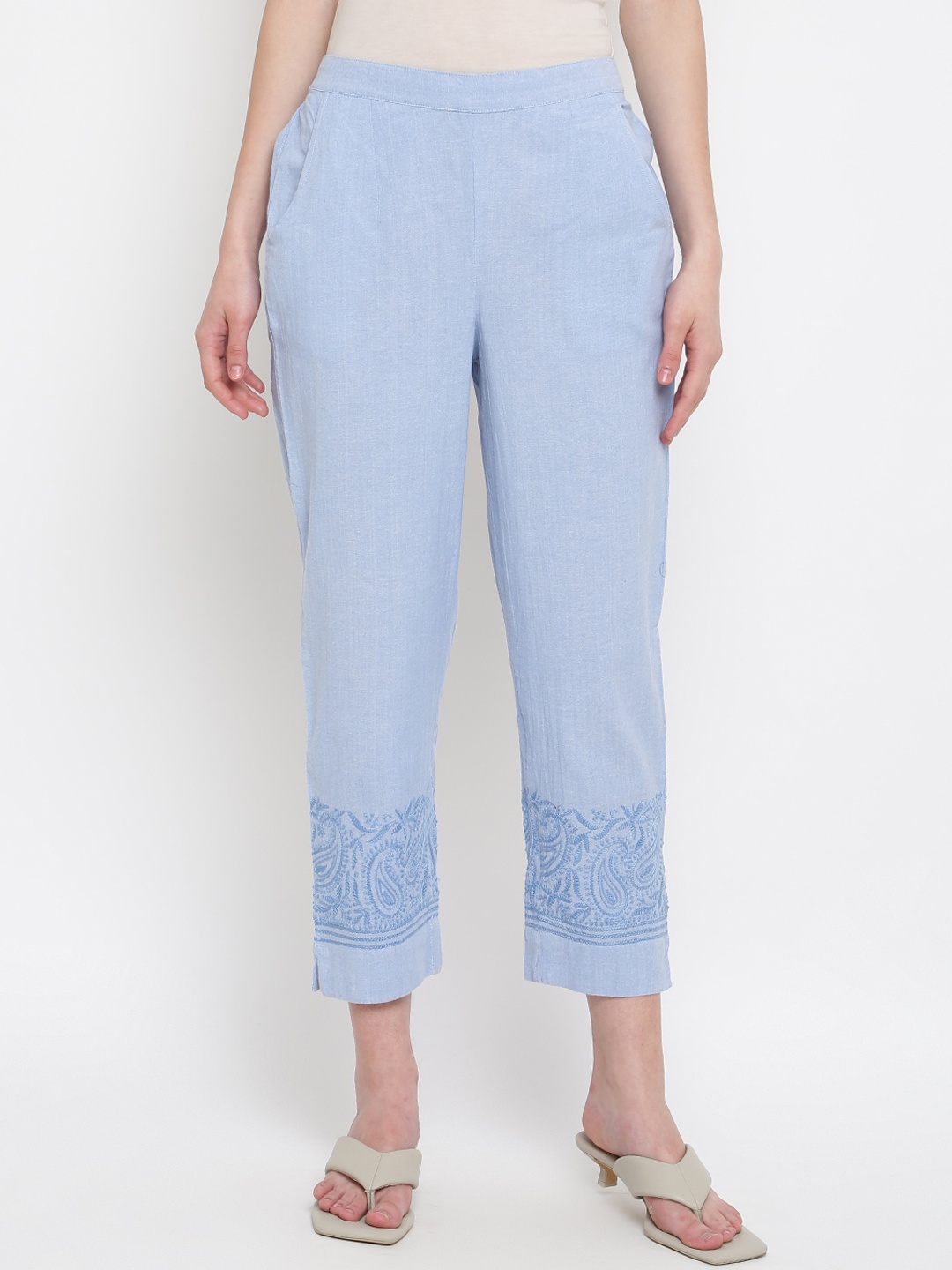 

Fabindia Women Blue Embroidered Cotton Trousers