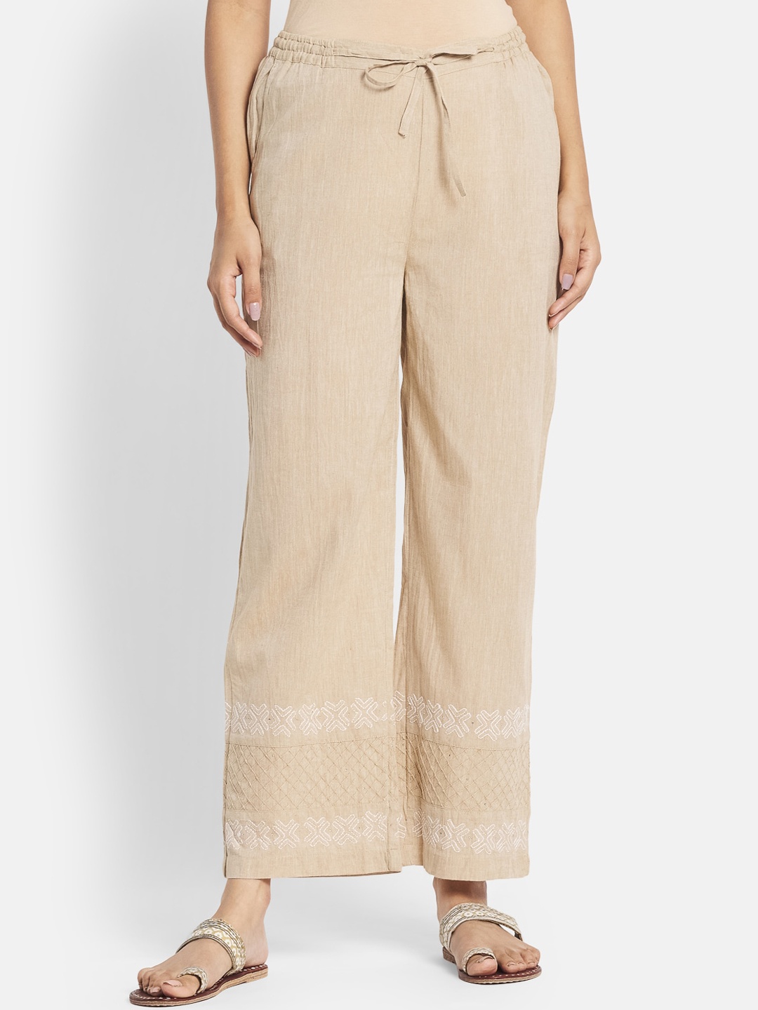 

Fabindia Women Beige Embroidered Cotton Trousers