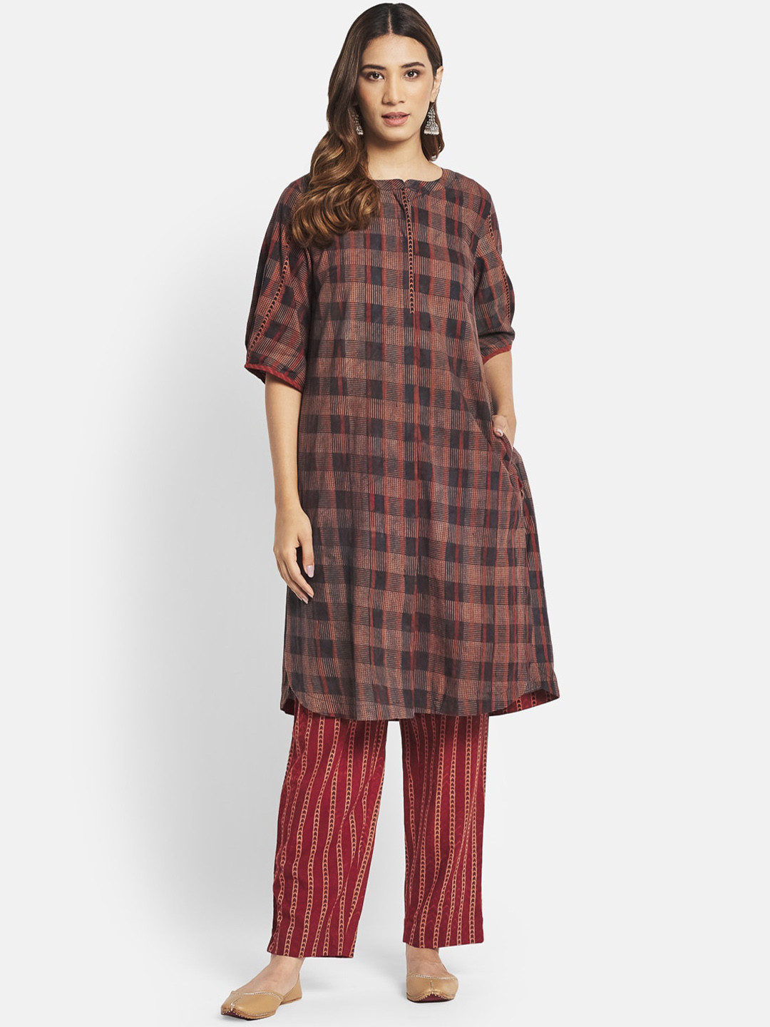 

Fabindia Women Red Printed Pure Cotton Kurta with Trousers