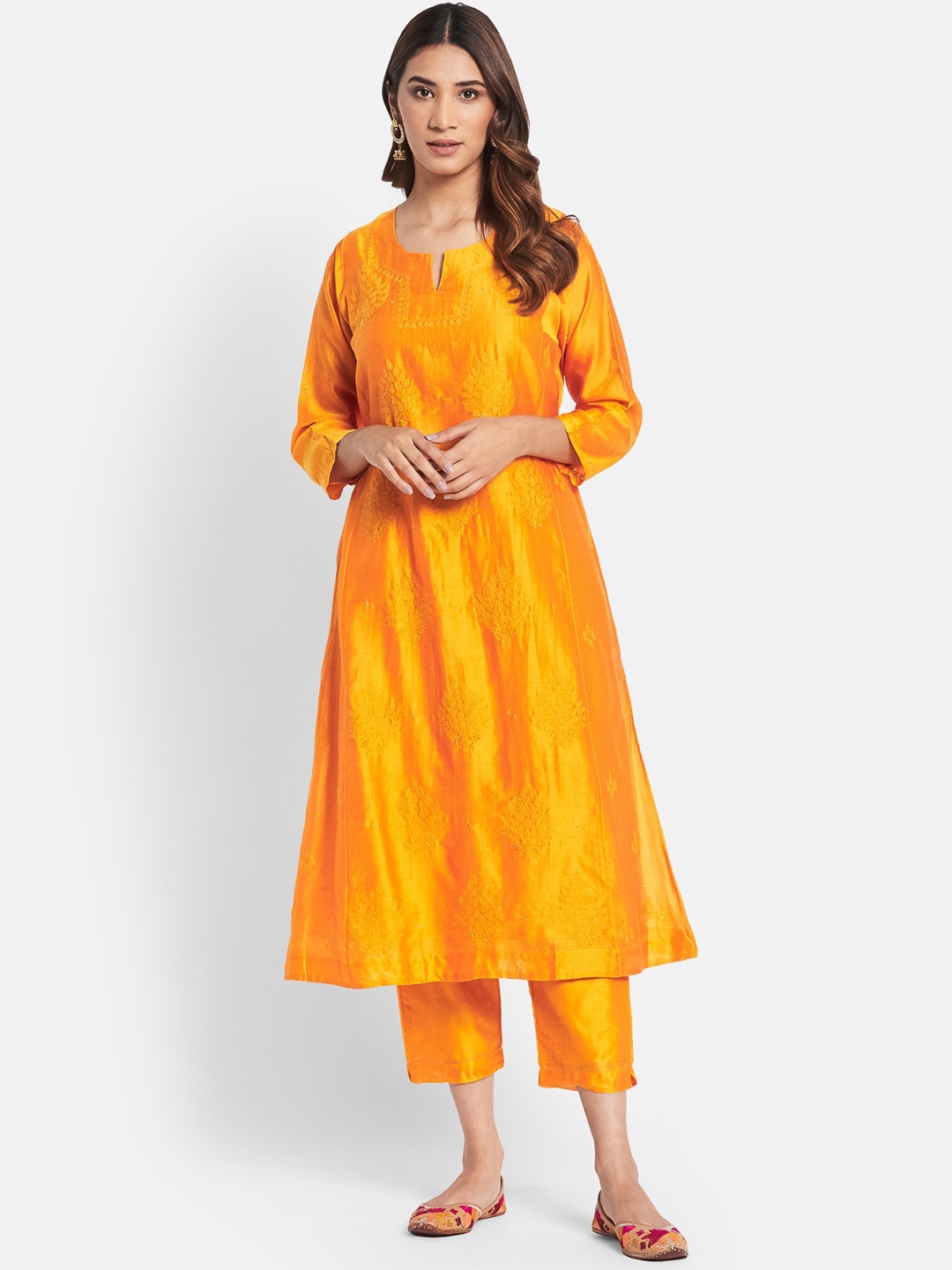 

Fabindia Women Yellow Embroidered Kurta with Palazzos