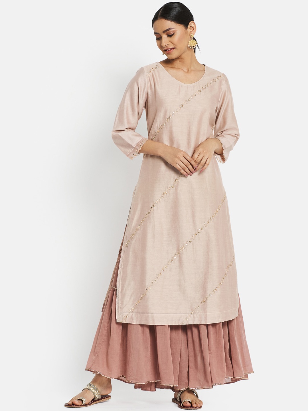 

Fabindia Women Pink Floral Embroidered Kurta with Sharara