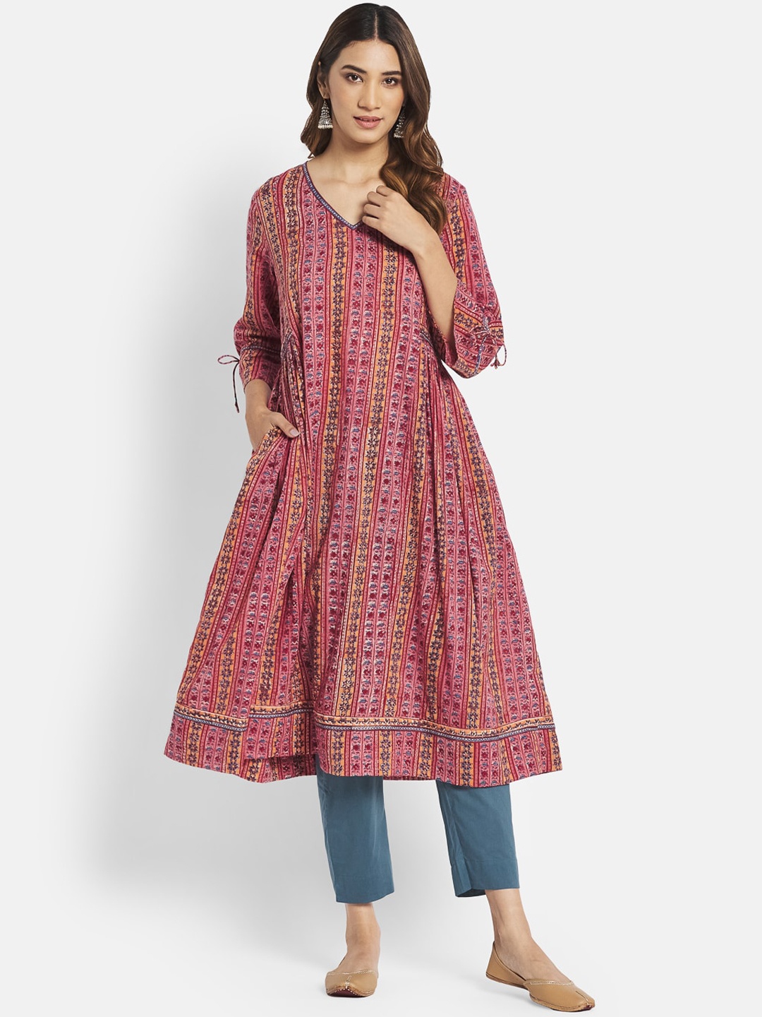 

Fabindia Women Red Printed Pleated Pure Cotton Kurta With Trousers
