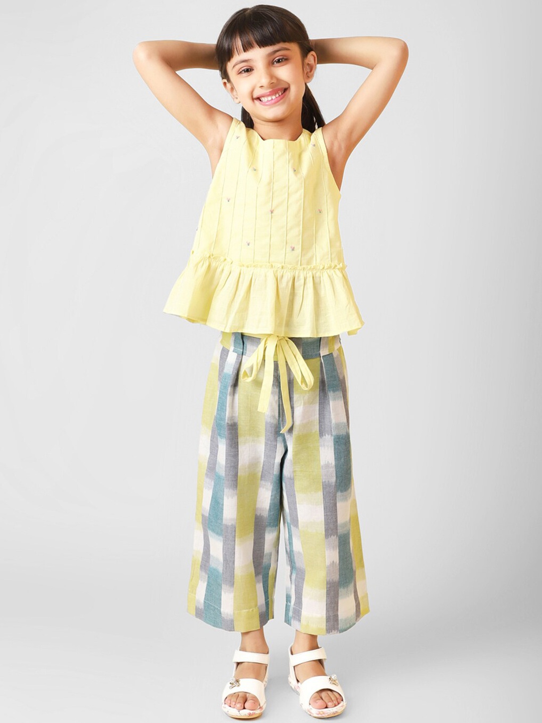

Fabindia Girls Yellow Floral Embroidered Pure Cotton Top with Palazzos