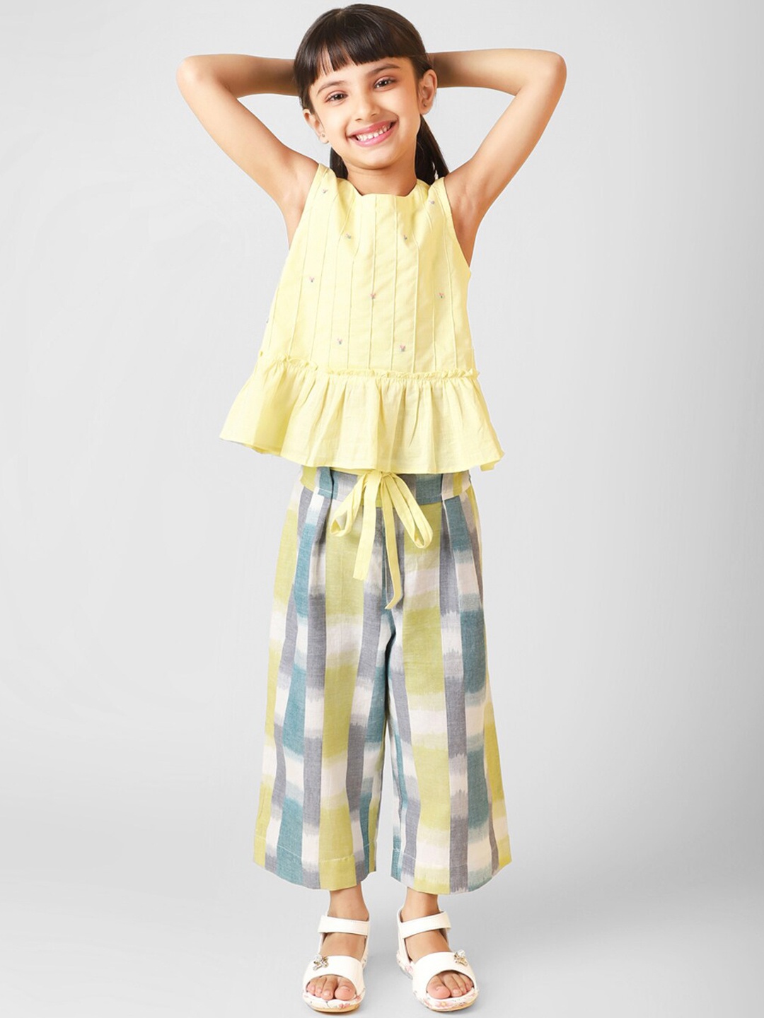 

Fabindia Girls Yellow & Grey Ruffled Top with Trousers