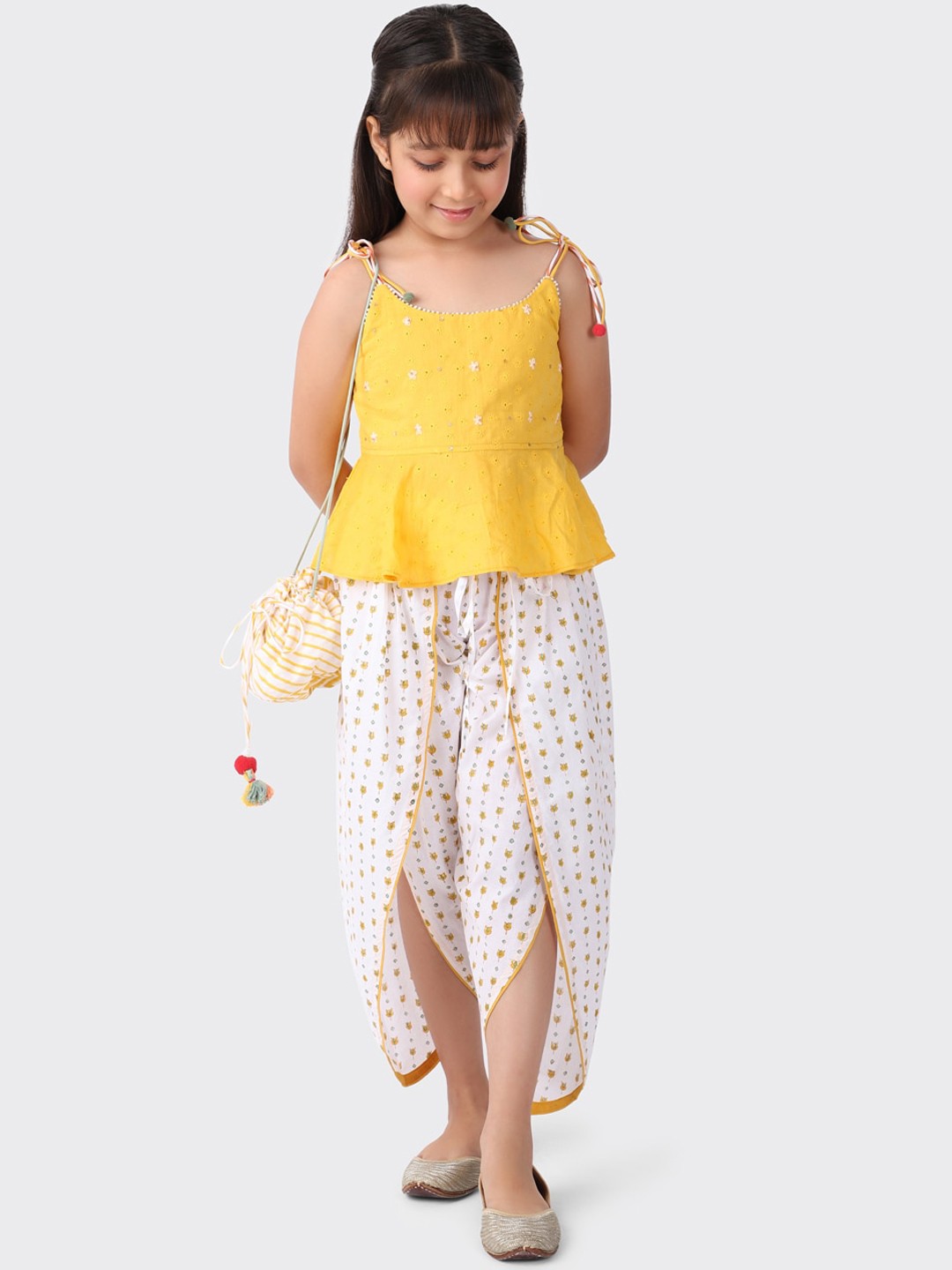 

Fabindia Girls Yellow Ethnic Motifs Printed Pure Cotton Kurta with Dhoti Pants