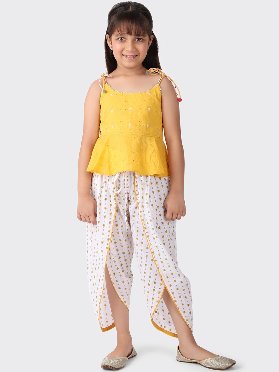 

Fabindia Girls Yellow Floral Embroidered Pure Cotton Top with Dhoti Pants