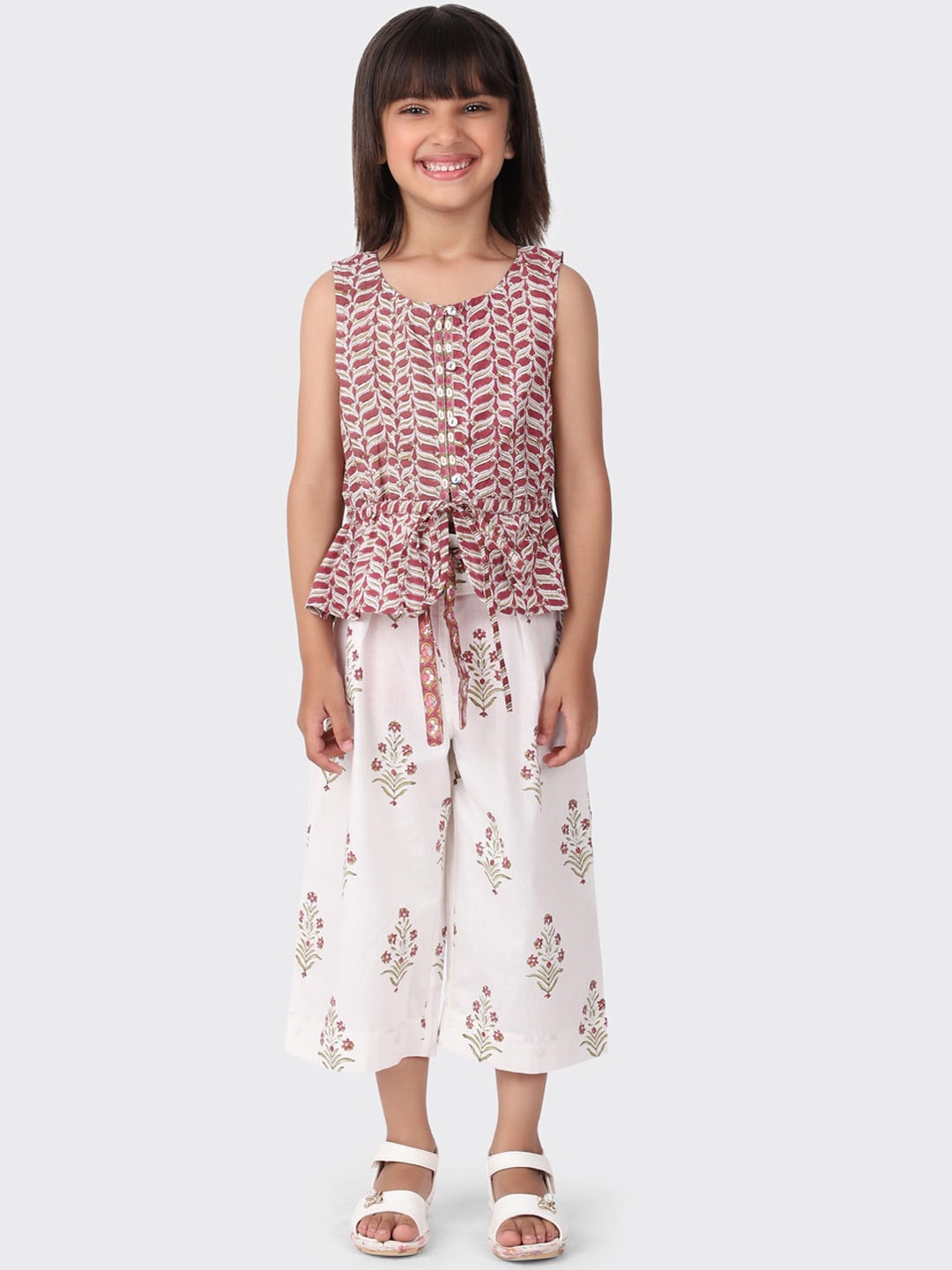 

Fabindia Girls Pink Floral Printed Pure Cotton Top with Trousers