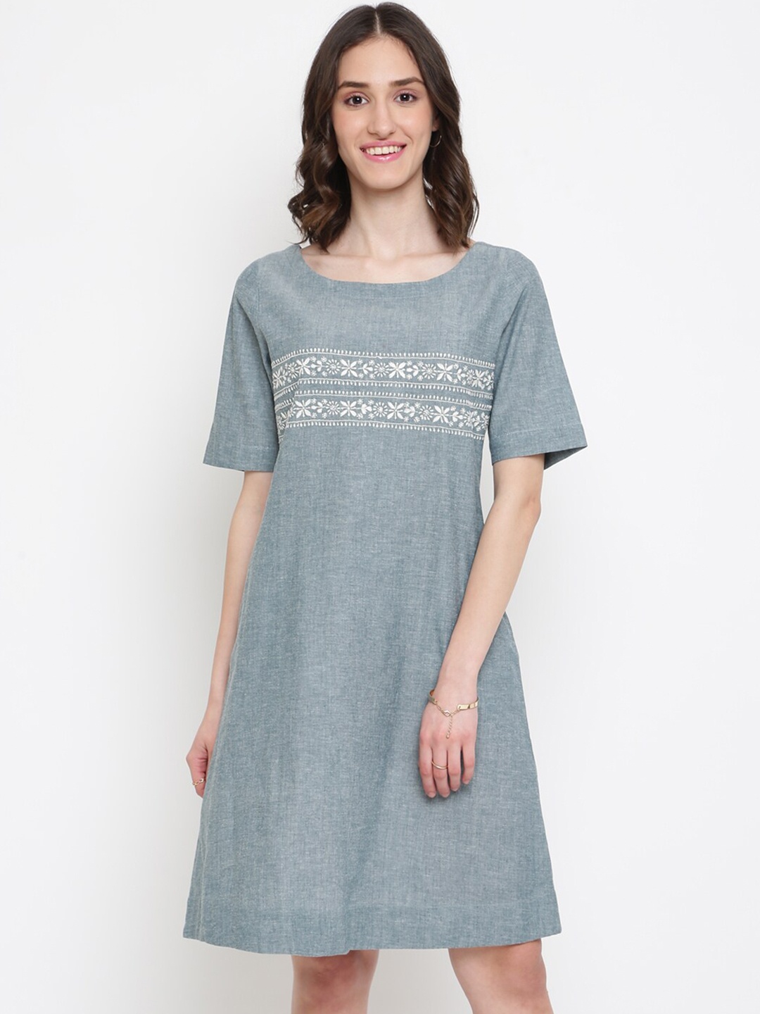 

Fabindia Women Grey Floral Embroidered A-Line Dress