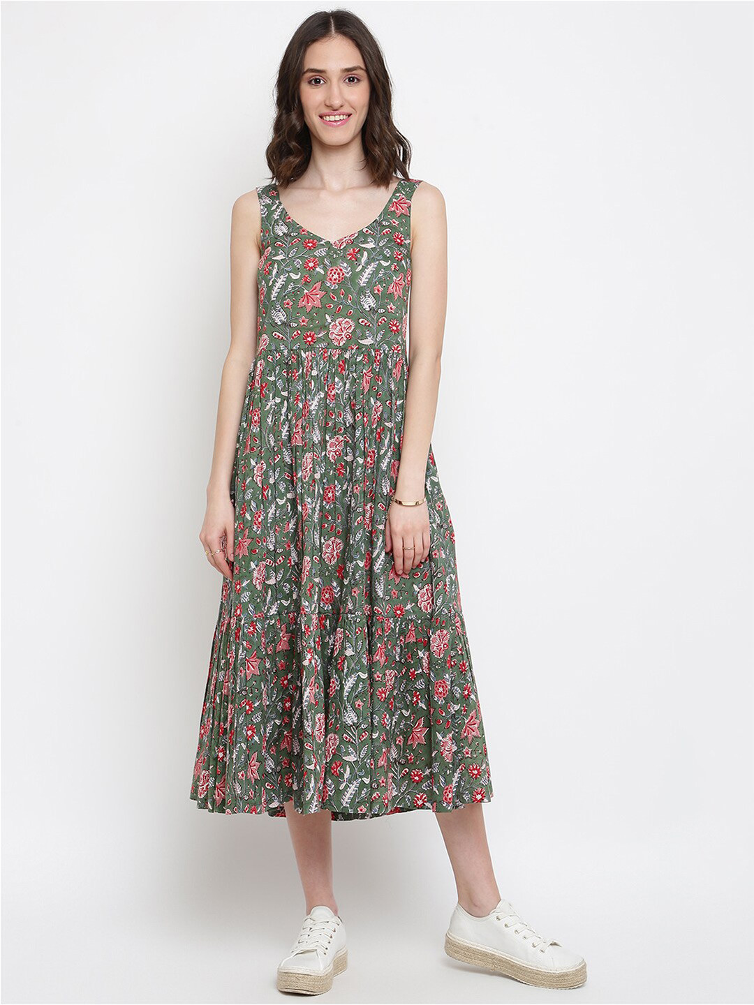 

Fabindia Women Green Floral A-Line Midi Dress