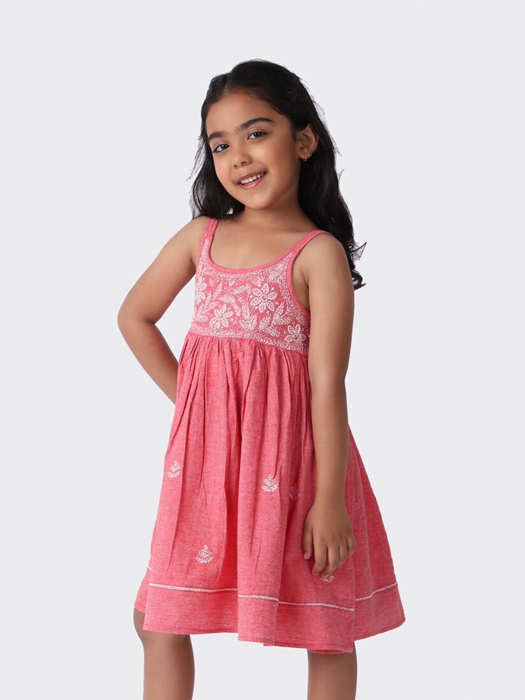 

Fabindia Girls Red Ethnic Motifs Embroidered A-Line Dress