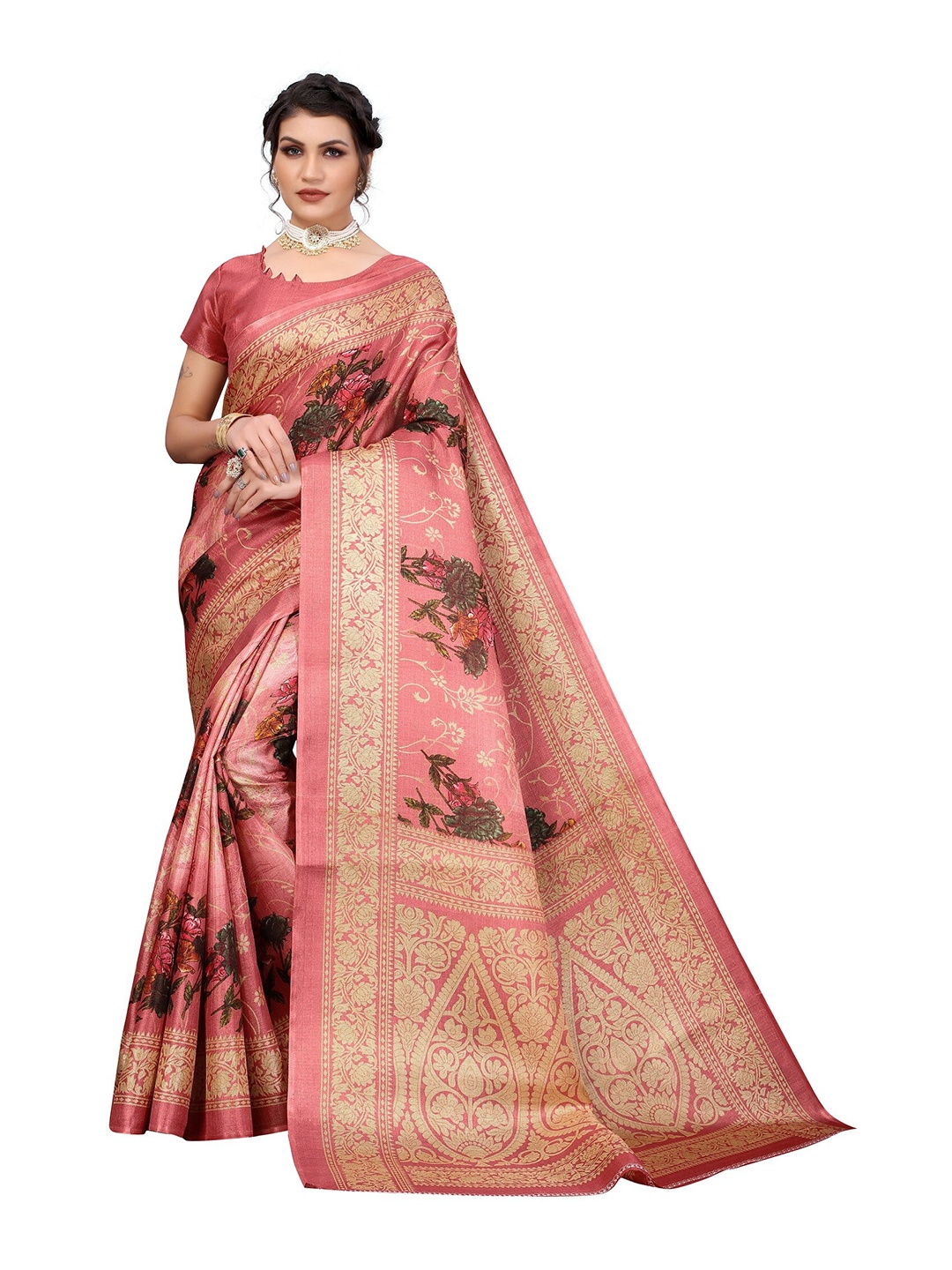 

Yashika Peach-Coloured & Gold-Toned Floral Art Silk Khadi Saree