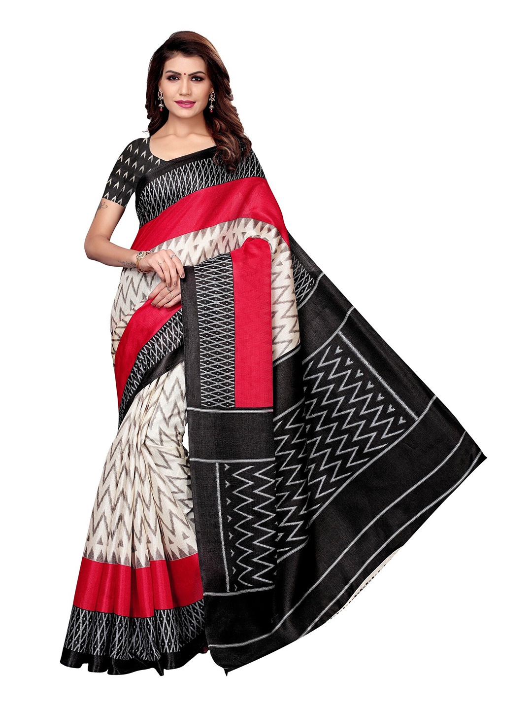 

Yashika Black & White Art Silk Kalamkari Print Saree