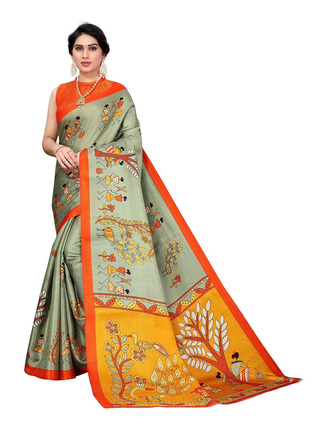 

Yashika Green & Mustard Warli Art Silk Saree