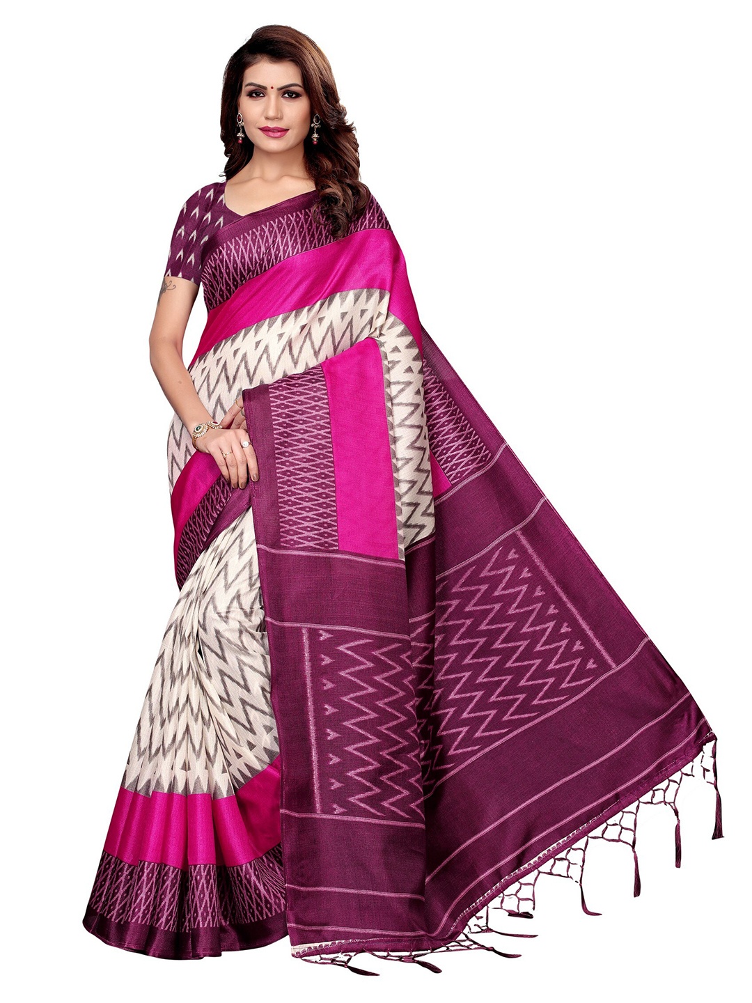 

Yashika Purple & White Kalamkari Art Silk Saree