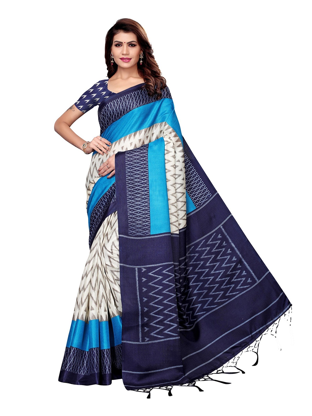

Yashika Navy Blue & White Art Silk Khadi Saree