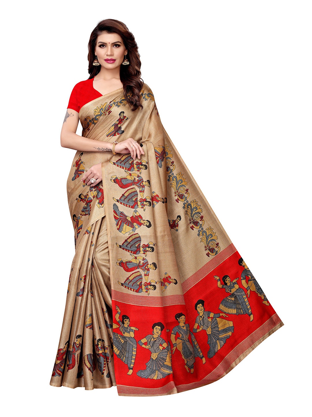 

Yashika Cream-Coloured & Blue Kalamkari Art Silk Saree