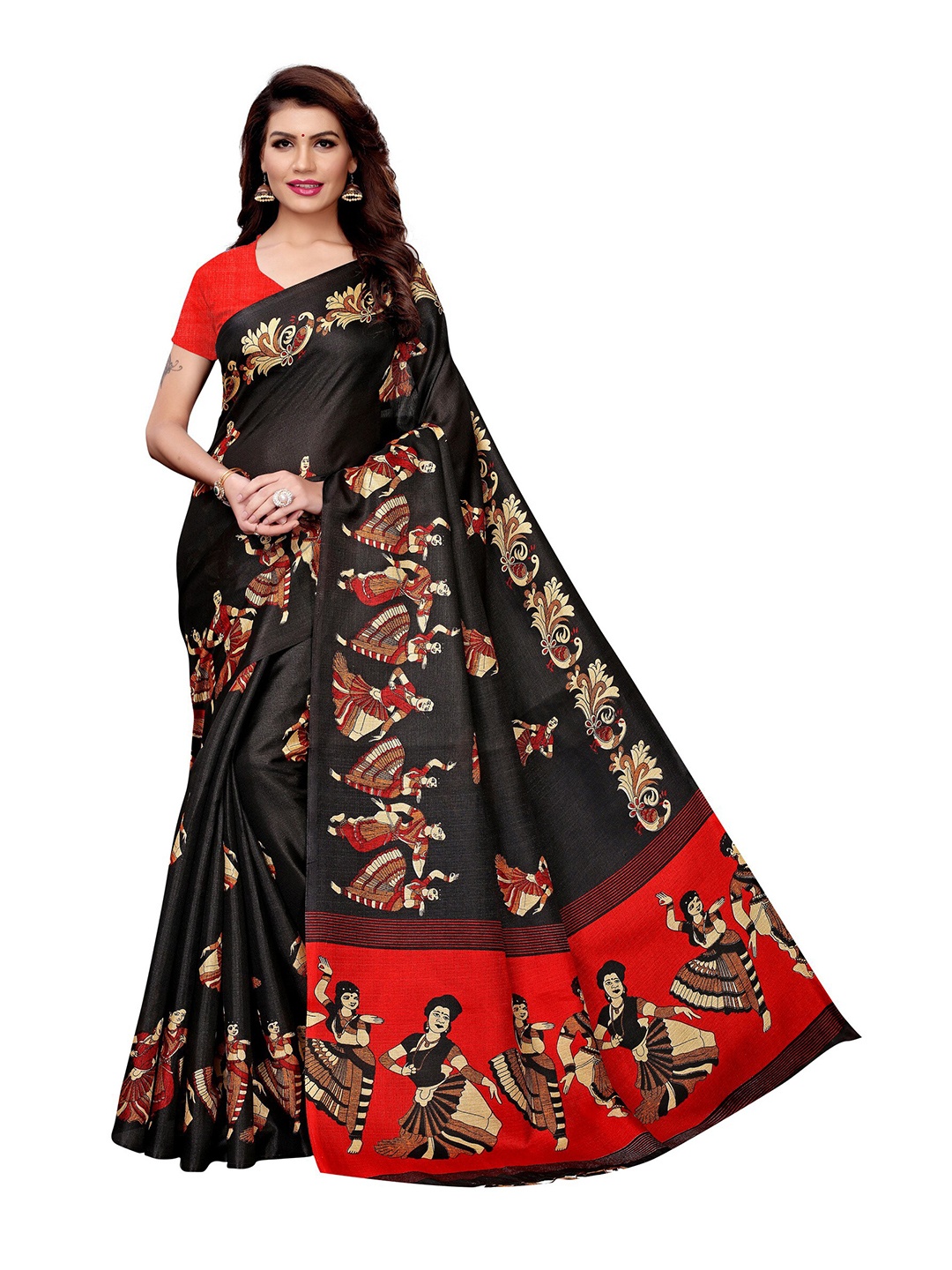 

Yashika Black & Red Kalamkari Art Silk Khadi Saree