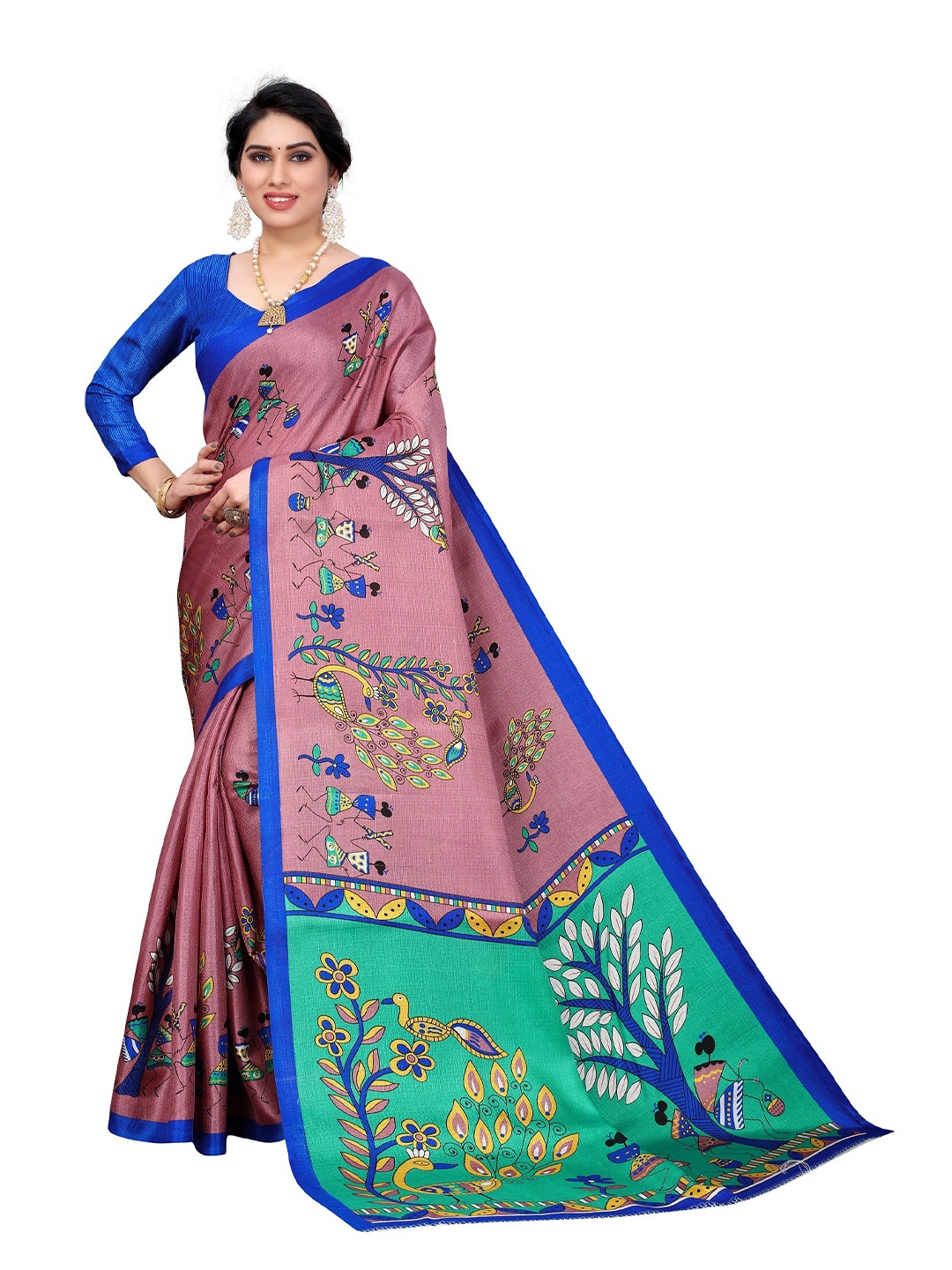

Yashika Pink & Green Warli Art Silk Saree