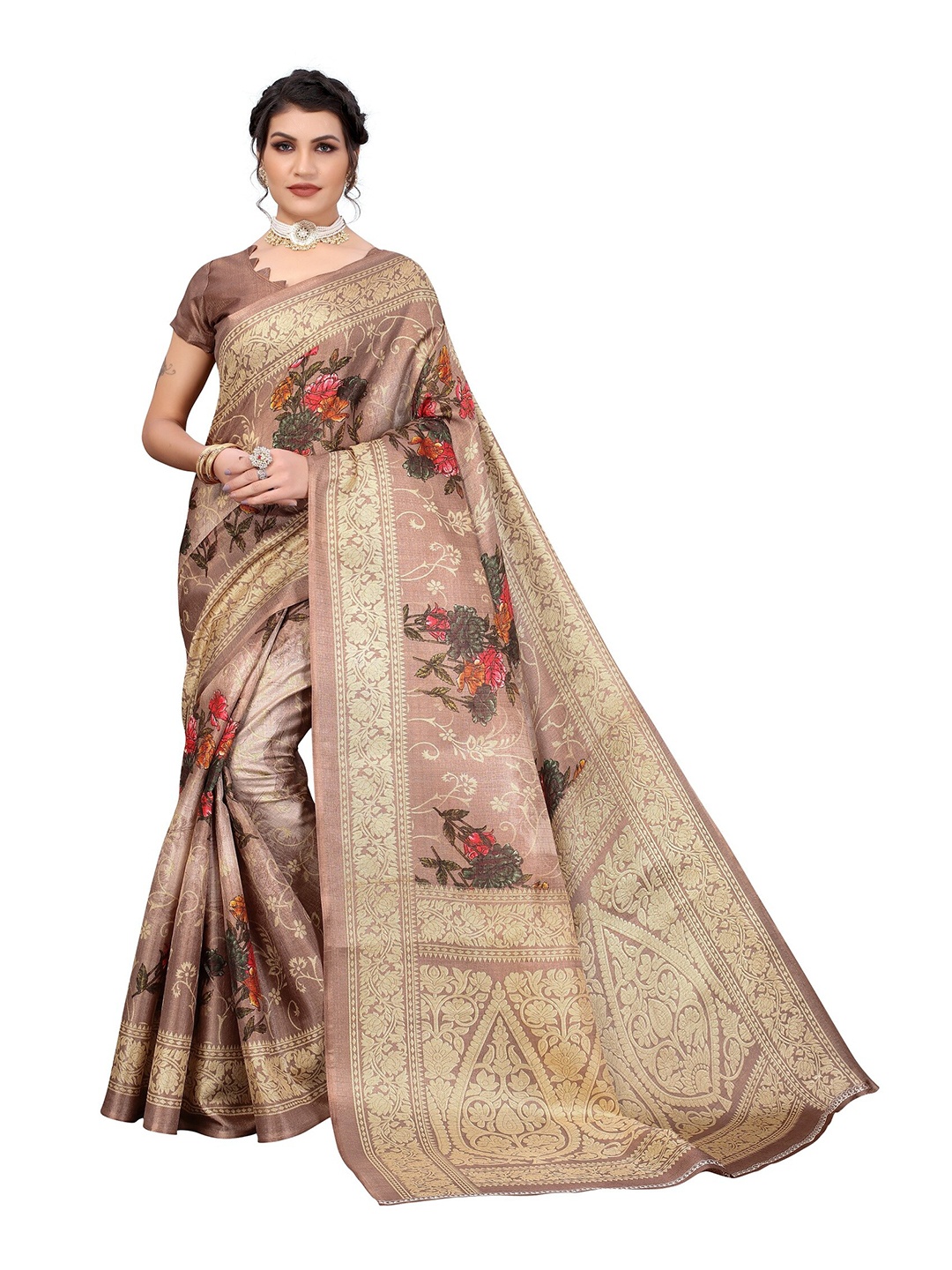 

Yashika Brown & Red Kalamkari Art Silk Saree