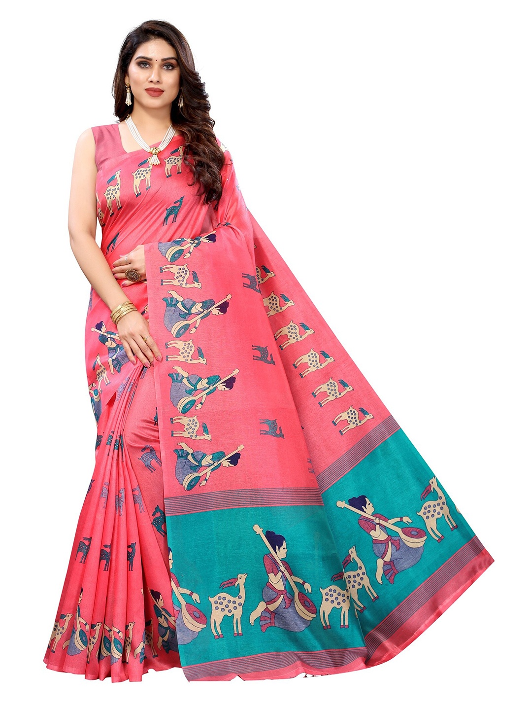 

Yashika Pink & Blue Kalamkari Art Silk Saree