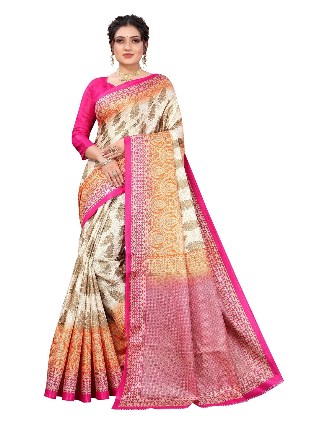 

Yashika Pink & Orange Floral Art Silk Khadi Saree