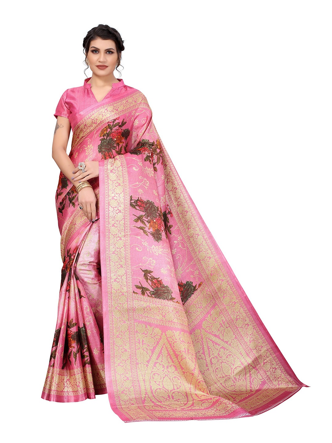 

Yashika Pink & Gold-Toned Kalamkari Art Silk Saree