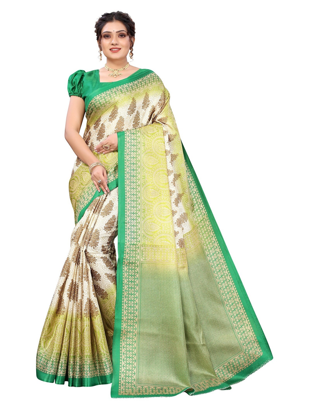 

Yashika Green & White Floral Art Silk Saree