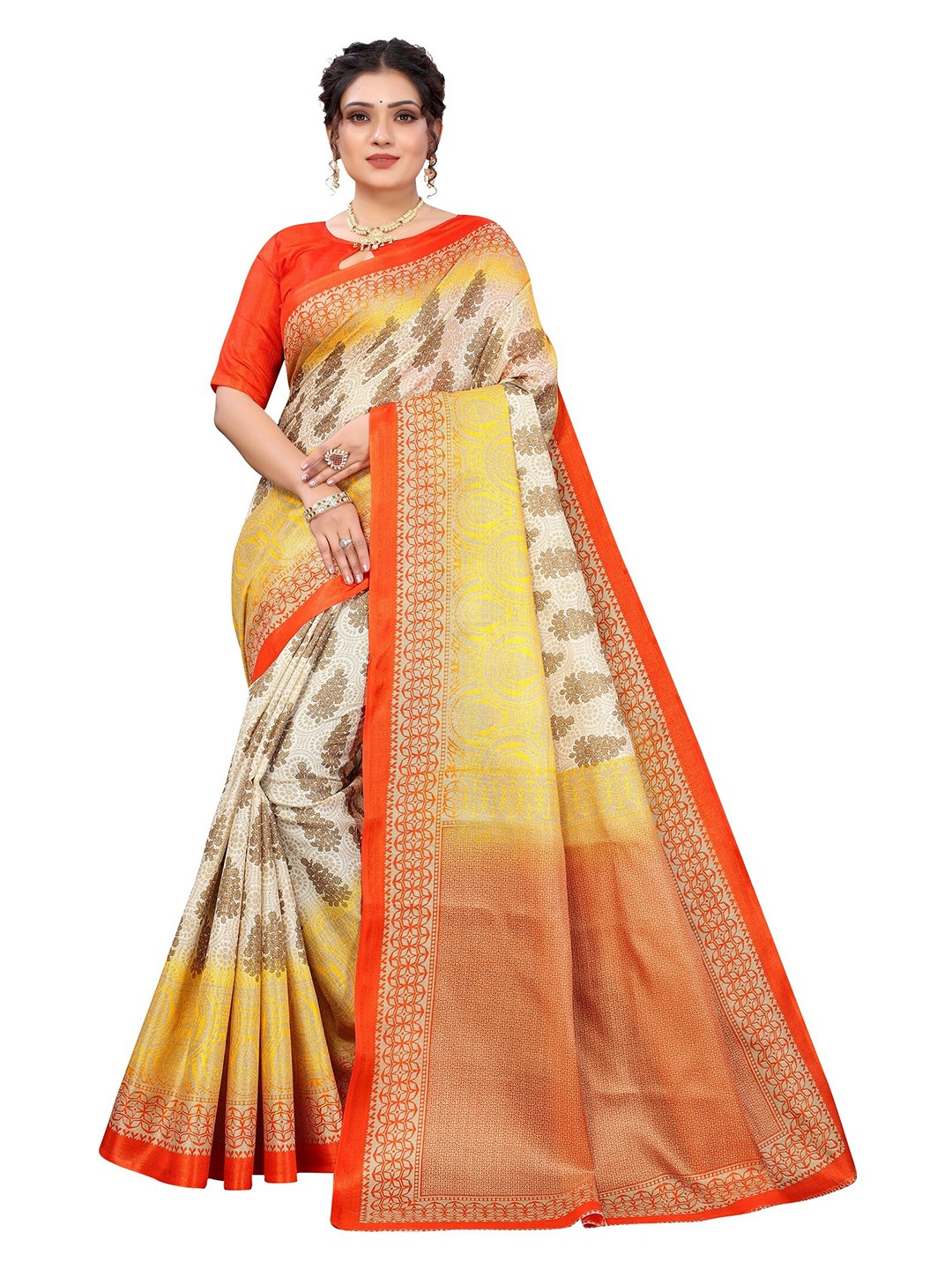 

Yashika Orange & Yellow Ethnic Motifs Art Silk Saree