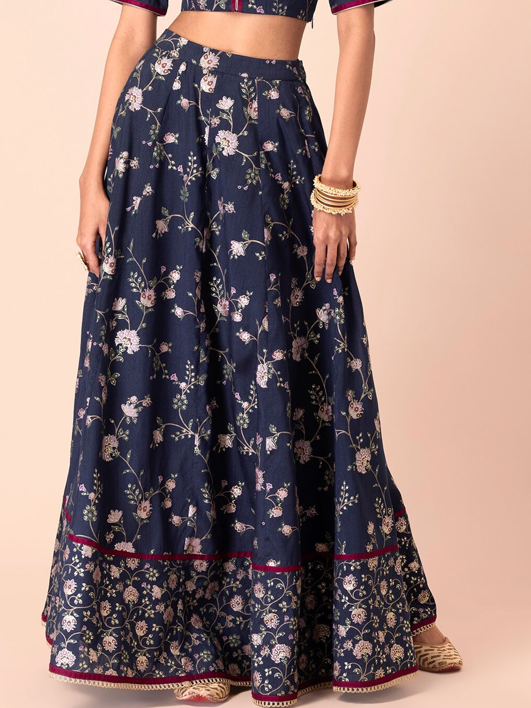 

INDYA Women Navy Blue & Pink Printed Flared Jaal Maxi Skirt