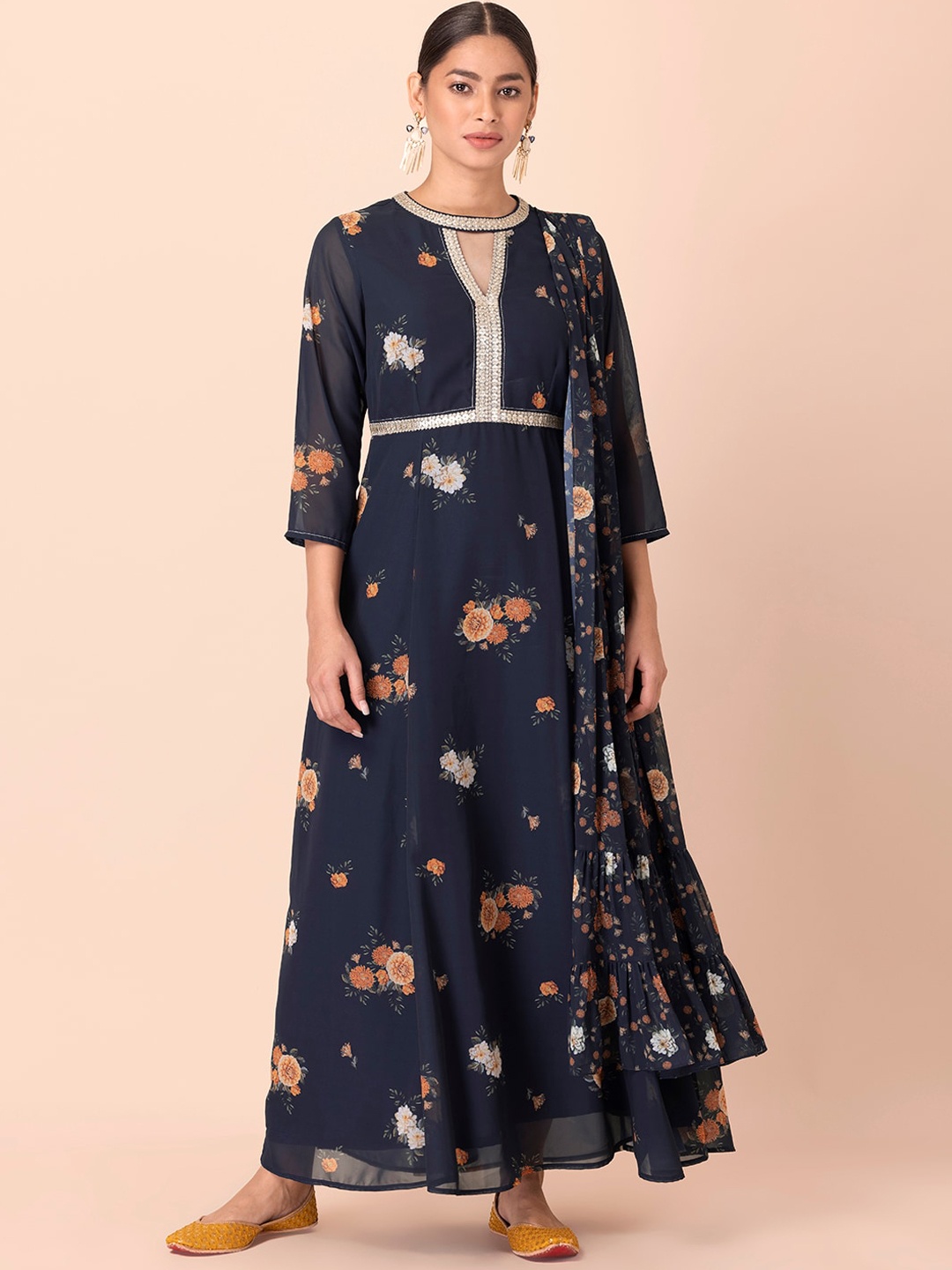 

INDYA Women Navy Blue Ethnic Motifs Printed Keyhole Neck Georgette Anarkali Kurta