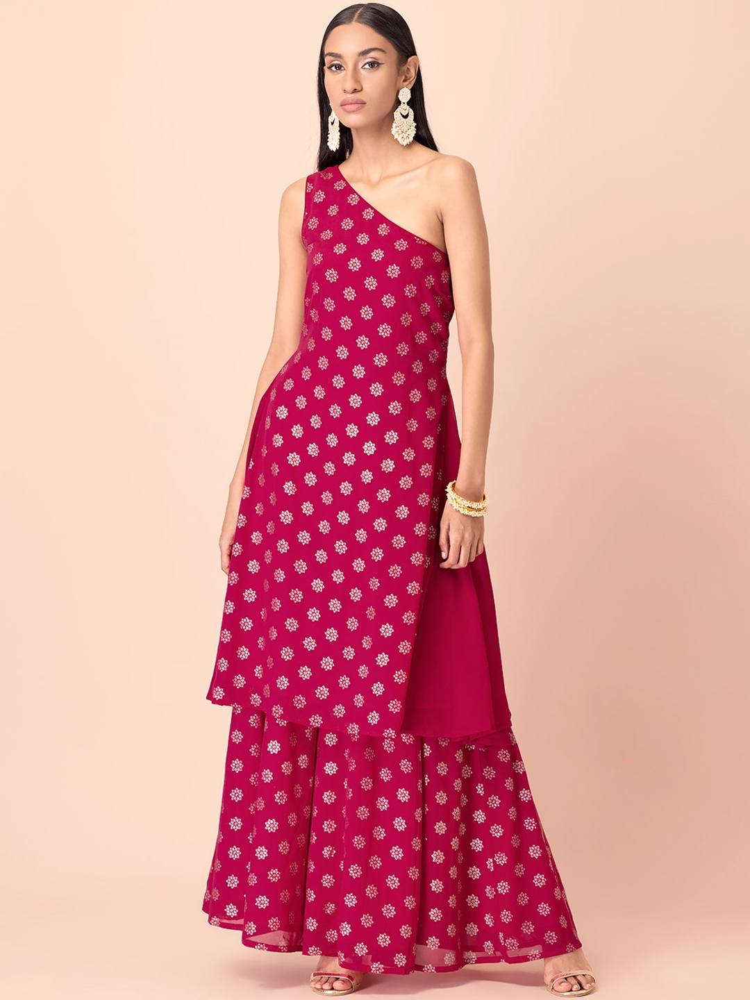 

INDYA Women Pink Floral Foil Printed One Shoulder A-Line Kurta