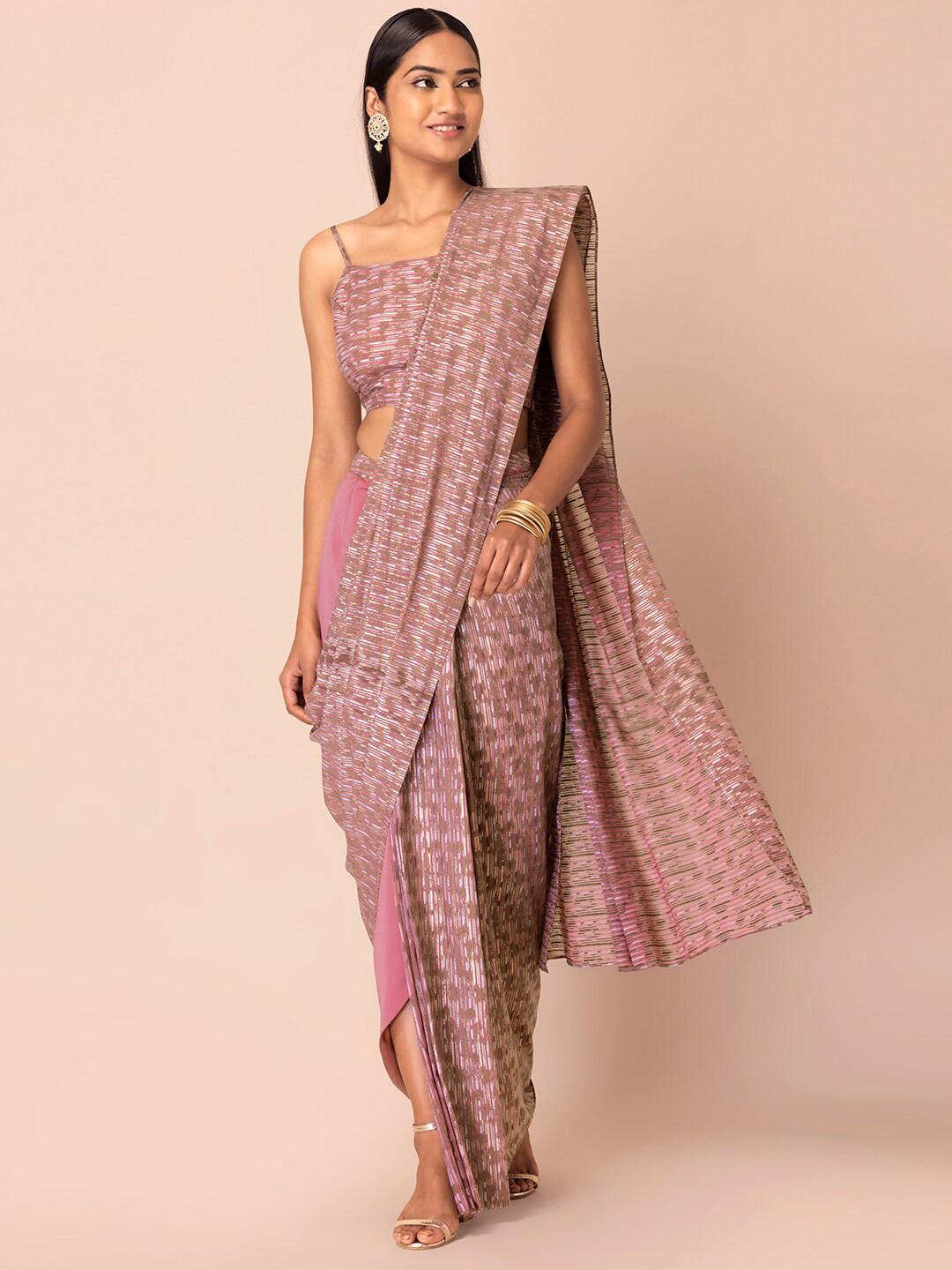 

INDYA Pink Foil Pre Draped Ready To Wear Saree