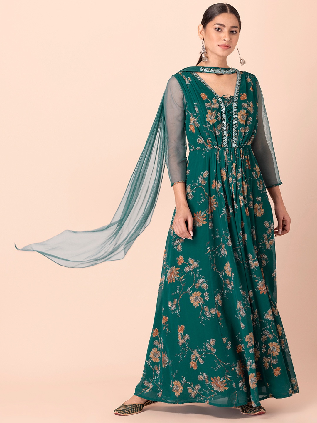 

INDYA Women Green Ethnic Motifs Printed Gotta Patti Georgette Anarkali Kurta